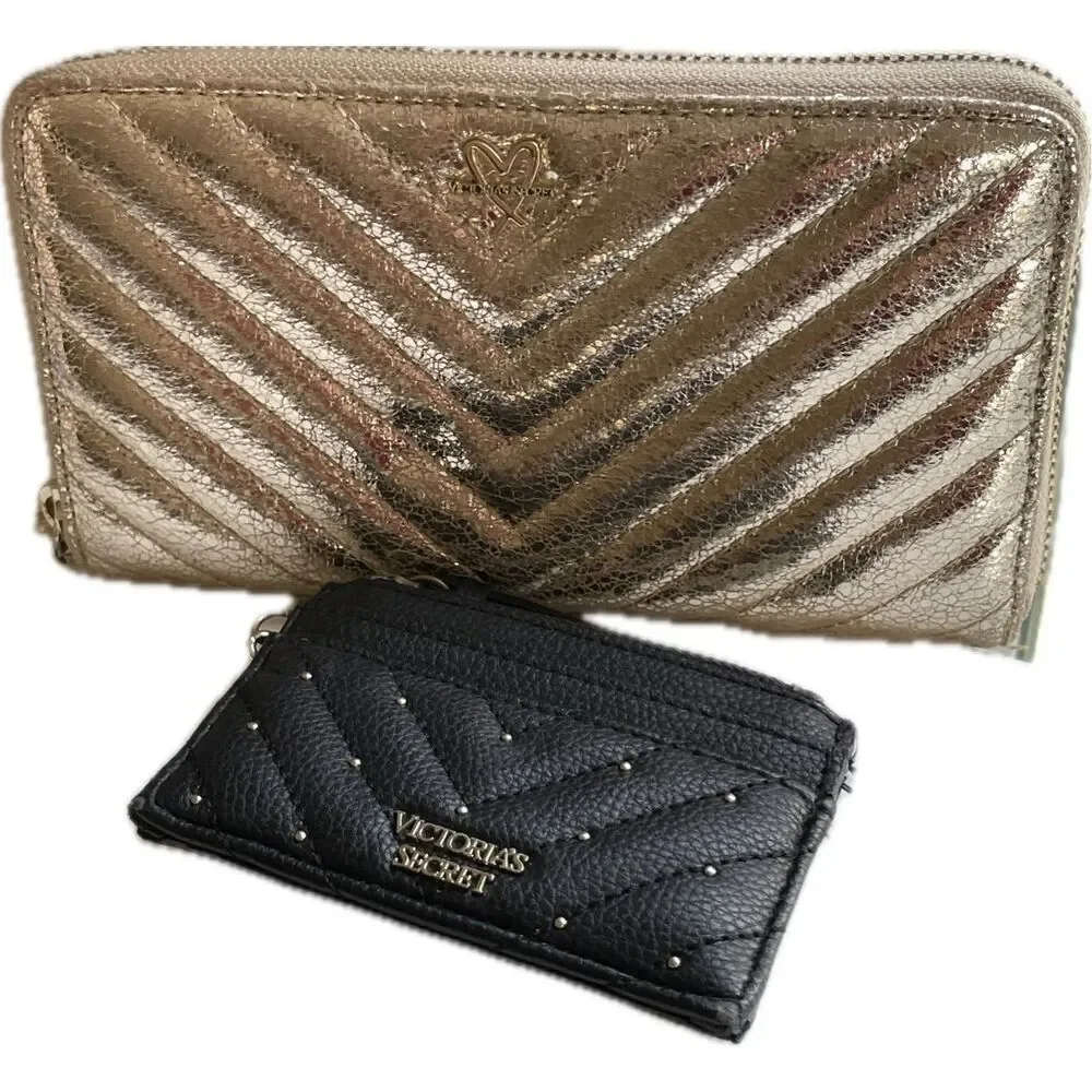 Victorias‎ Secret Black Studded Card Case & Slim Zip Wallet Gold Silver Wristlet - Picture 2 of 13